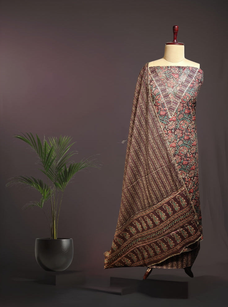 Traditional Ajrakh Print Pure Cotton Unstitched Suit Set with V-Neck Embroidery