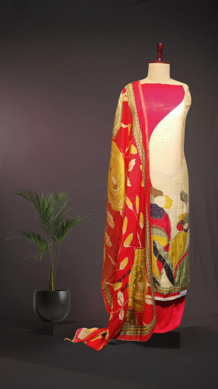 Crimson & Cream Cotton Suit Set with Abstract Art Embroidery and Luxury Silk Dupatta