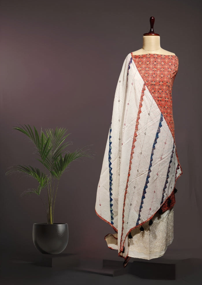Ajrakh Print Cotton Suit Set with Contrast Dupatta and Applique Work