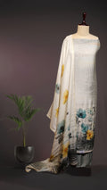 Misty Grey Cotton Suit Set with Hand-Threaded Teal & Yellow Poppies