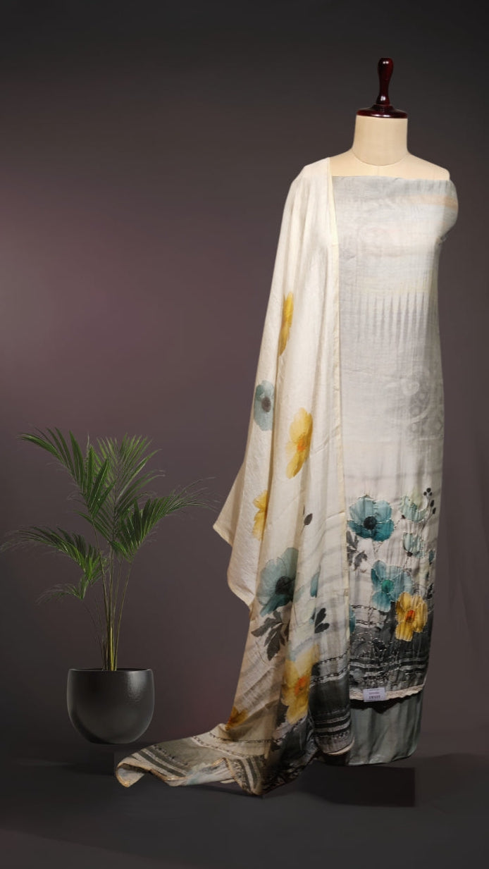 Misty Grey Cotton Suit Set with Hand-Threaded Teal & Yellow Poppies