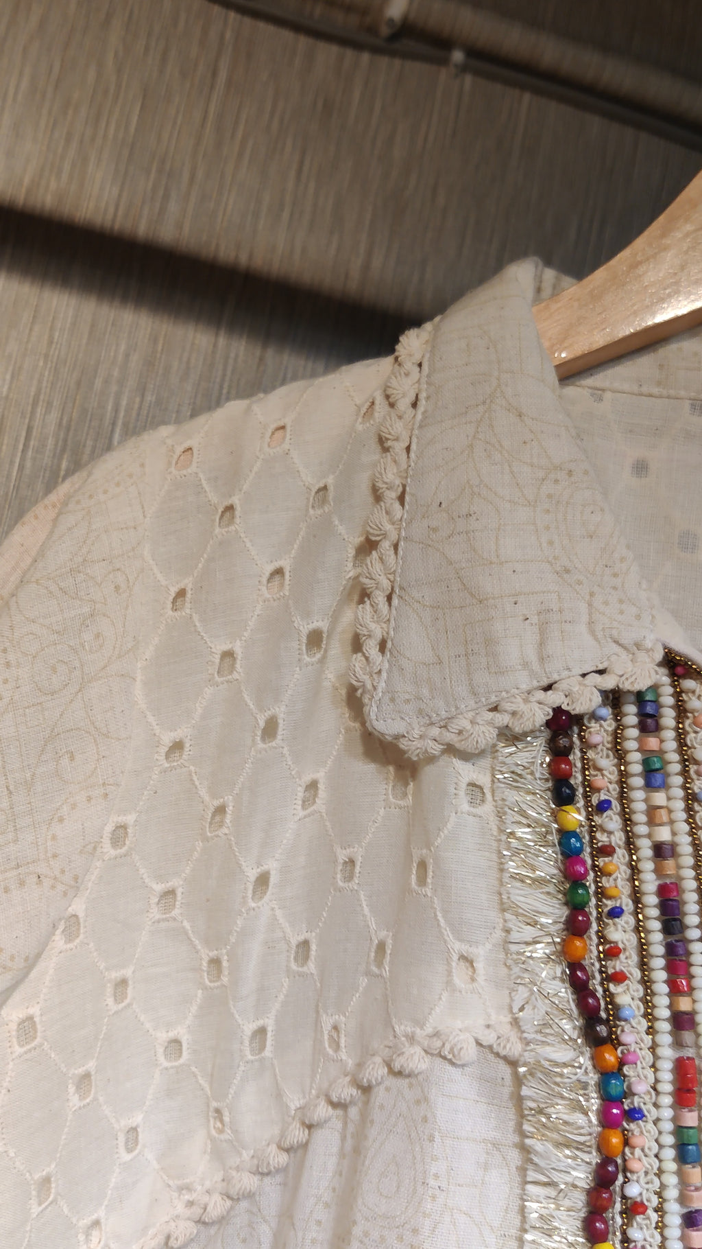 Ivory Pure Cotton Printed Co-ord Set with Cut Work and Beads Work