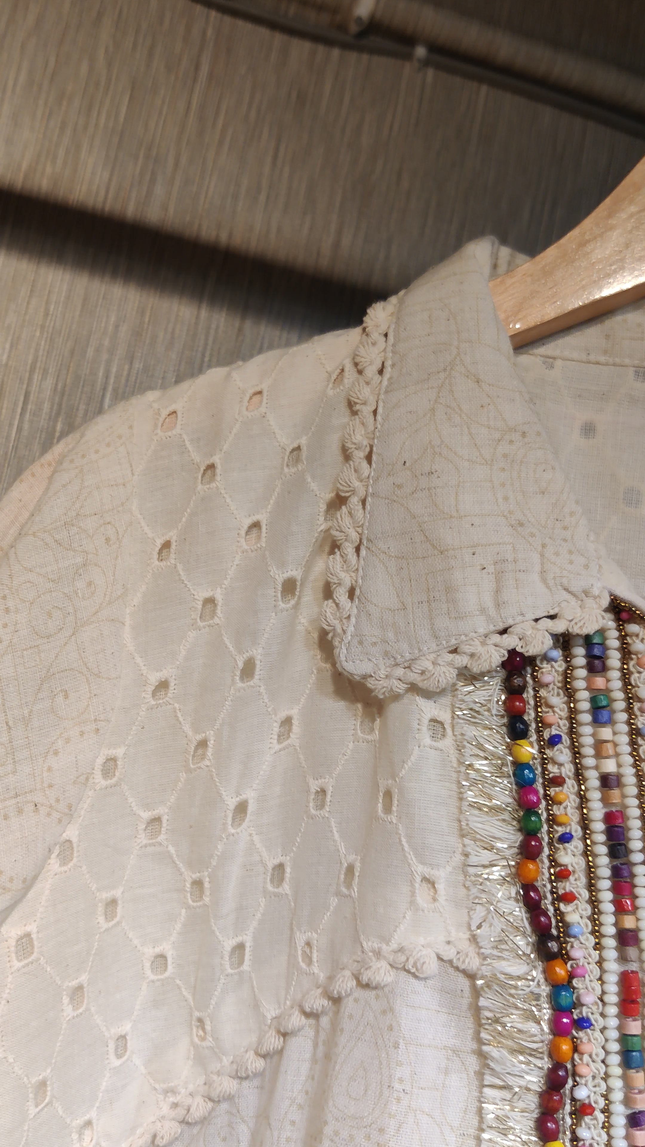 Ivory Pure Cotton Printed Co-ord Set with Cut Work and Beads Work