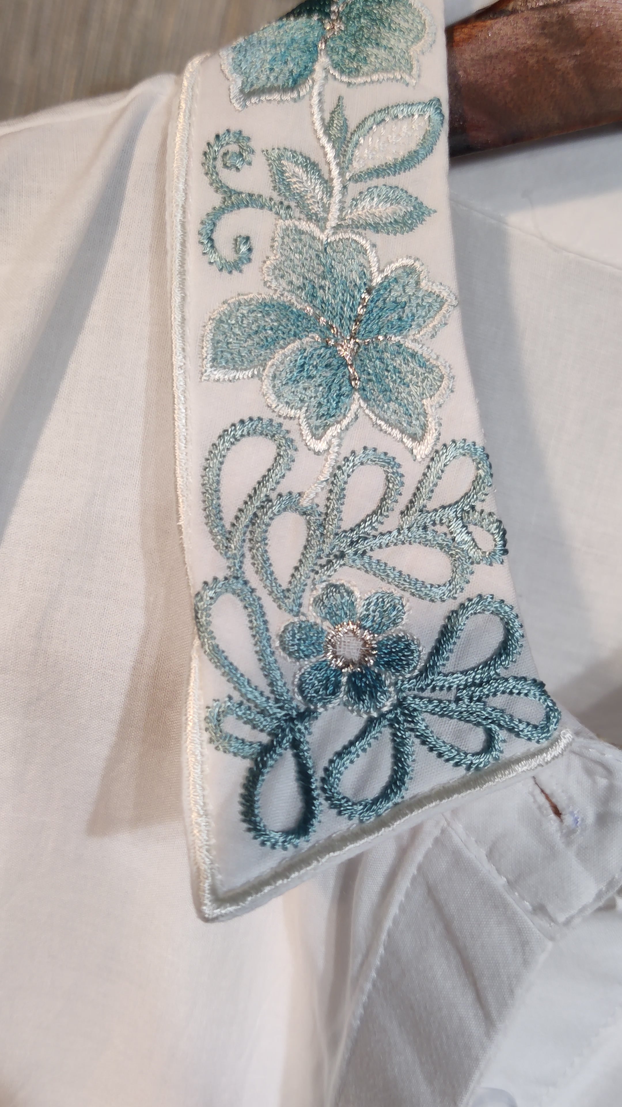 White Cotton with Teal Magnolia Applique work Co-Ord  Set