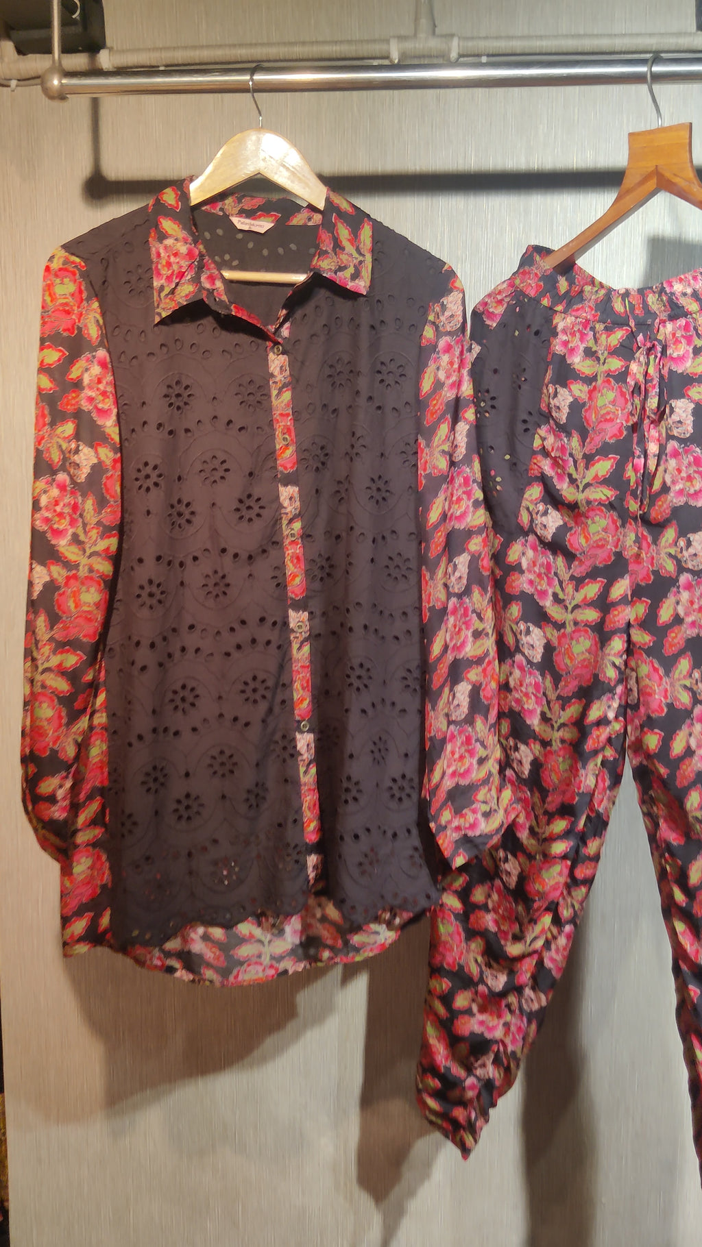 Black Cotton Cut-Work with Vibrant Floral Print Pants Co-ord Set